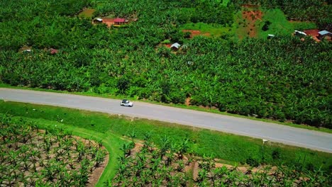 Safari-Vehicle-Drives-Through-Idyllic-Road-In-Uganda,-Africa---aerial-drone-shot