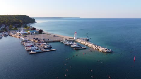 Beautiful-pier-on-Lake-Huron-in-Canada,-aerial-view