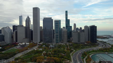 New-Eastside-skyline-and-parks-of-Chicago,-fall-evening-in-USA---Aerial-view