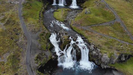 Drone-of-waterfall-near-Kirkjufell-in-national-park-in-Iceland
