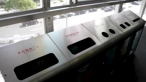 Metal-Recycling-Trash-Bins-Located-On-Shin-Osaka-Station-Platform