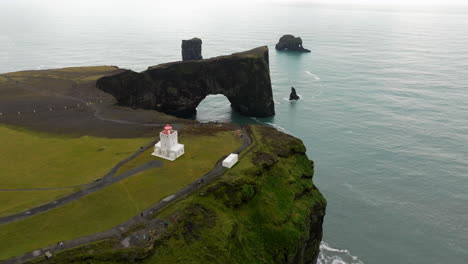 Aerial-View-Of-Dyrhólaey-Lighthouse-Over-Promontory-In-Vik,-Iceland