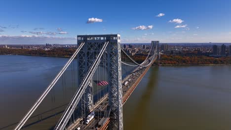 An-aerial-view-of-the-George-Washington-Bridge-from-over-Fort-Lee,-New-Jersey-on-a-sunny-day-in-autumn