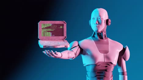 Humanoider-Cyberroboter,-Der-Einen-Kleinen-Laptop-Zum-Codieren-In-Der-Hand-Hält,-Um-Algorithmen-Und-Codierungstechnik-Zu-Lösen