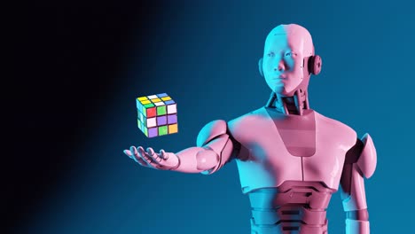 Roboter-Cyber-Humanoid-Hält-Einen-Rubik-Würfel-In-Der-Hand-Und-Zeigt,-Wie-Künstliche-Intelligenz-Vom-Menschen-Gelernt-Hat