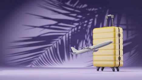 Flugzeug-Startet-Mit-Palmenblatt-Im-Hintergrund-Und-Gelbem-Koffergepäck,-Ferienzeitkonzept