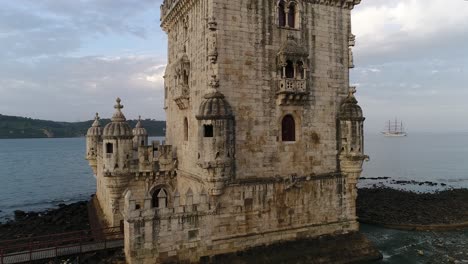 Belem-Tower,-drone-view-in-Lisbon,-Portugal