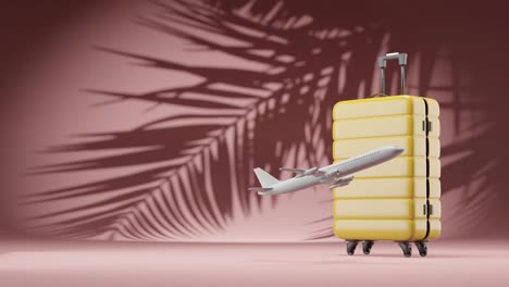 Reisekonzept-Urlaub-3D-Darstellung-Des-Startflugs-Mit-Tropischer-Palmenumgebung-Im-Hintergrund