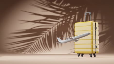 Flugzeugflug-Startet-3D-Rendering-Animation-Eines-Gepäckkoffers-Mit-Palmenblatt-Im-Hintergrundschatten