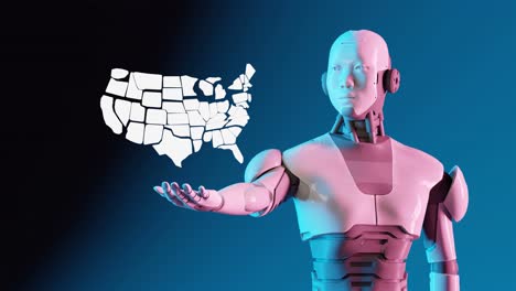 Robot-Humanoide-Cibernético-Sosteniendo-Un-Mapa-De-Los-Estados-Unidos-De-América-En-Sus-Manos-Empujando-Problemas-Políticos-En-Todo-El-Mundo