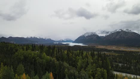 Río-Escondido-Detrás-De-Un-Bosque-De-Pinos-Con-Majestuosas-Montañas-Y-Glaciares-En-El-Fondo-En-Alaska-En-Un-Día-Nublado