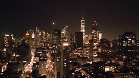 Gotham-City-Lights,-NYC-Moonlight-and-Evening-Traffic,-Magic-City