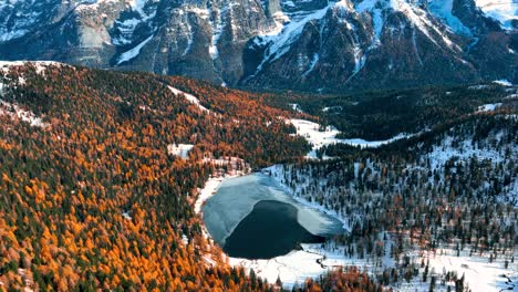 Aerial-Drone-View-of-Malghette's-Lake-in-front-of-Brenta-Dolomites-at-Fall---Graded