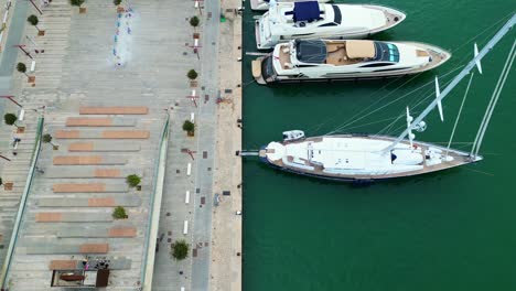 Stunning-aerial-top-view-flight-Harbor-promenade-Ibiza-Town-Spain