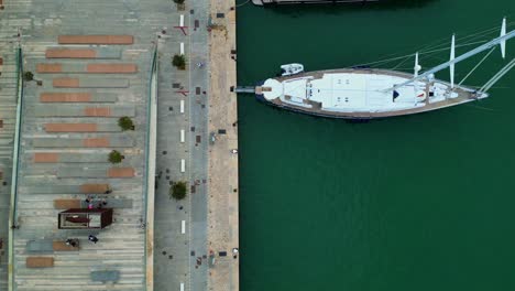 Magic-aerial-top-view-flight-Harbor-promenade-Ibiza-Town-Spain