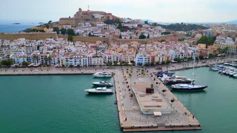 Lovely-aerial-top-view-flight-Harbor-promenade-Ibiza-Town-Spain