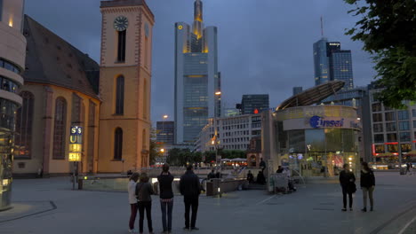 St-Catherine-Church-subway-entrance-and-skyscrapers-in-night-Frankfurt