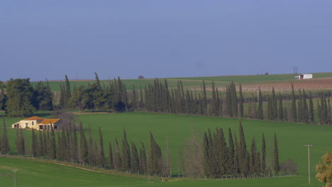 Panoramic-shot-of-rural-landscape-in-Nea-Kallikrateia-Village-agricultural-fields-countryside-houses