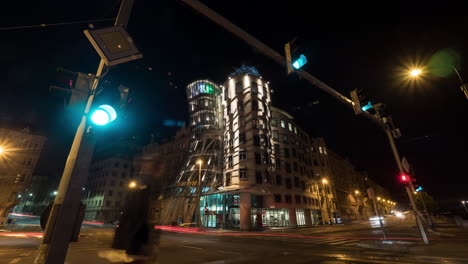 Timelapse-of-night-traffic-on-junction-with-Dancing-House-Prague