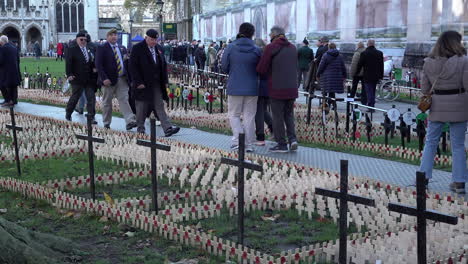 People-walk-past-thousands-of-tiny-wooden-crosses-with-red-poppies-attached,-on-Armistice-Day-at-the-Garden-of-Remembrance-outside-Westminster-Abbey