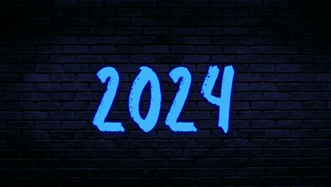 Blaue-Zahl-2024-Neon-Animationsgrafiken-Auf-Ziegelwandhintergrund