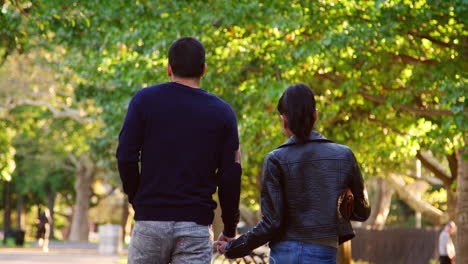 Young-Hispanic-couple-walking-in-Brooklyn-park,-back-view