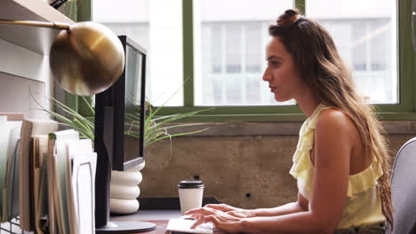 Young-white-woman-using-computer-in-an-office,-side-view