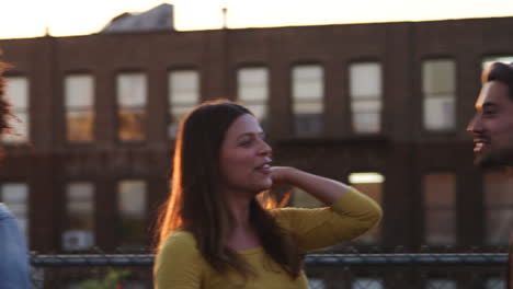Two-couples-talking-on-a-Brooklyn-rooftop-at-sunset
