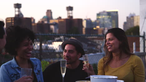 Fröhliche-Freunde-Reden-Und-Trinken-An-Einem-Tisch-Auf-Dem-Dach-Von-Brooklyn