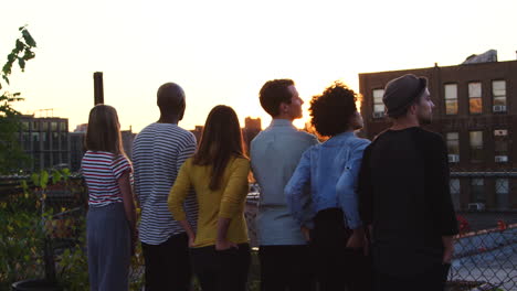 Friends-admiring-the-view-from-rooftop-at-sunset,-back-view