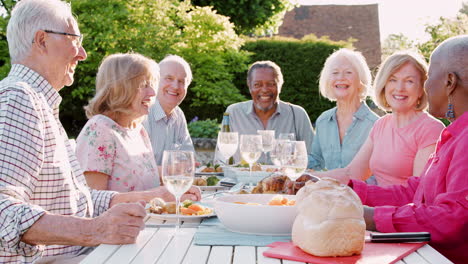 Portrait-Of-Senior-Friends-Enjoying-Outdoor-Dinner-Party-At-Home