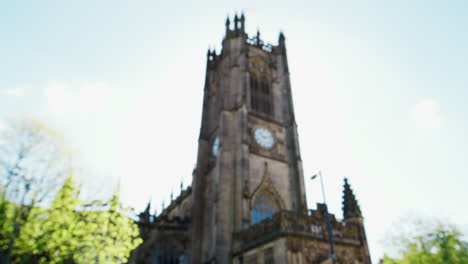 Manchester,UK---4-May-2017:-Pull-Focus-Shot-Of-Manchester-Cathedral-Exterior