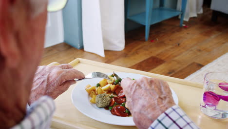 Over-shoulder-view-of-senior-man-eating-dinner-at-home