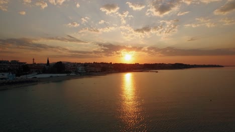 Sunrise-aerial-panorama-of-coastal-resort-town-Nea-Kallikratia-Greece