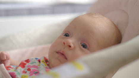 Quiet-blue-eyed-baby-girl-of-two-months-in-bouncy-seat-at-home