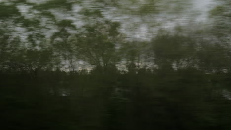 View-from-riding-train-window-of-coutryside-landscape-trees-forests-houses-against-cloudy-sky