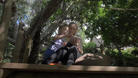 Mother-and-kid-with-pad-relaxing-outdoor