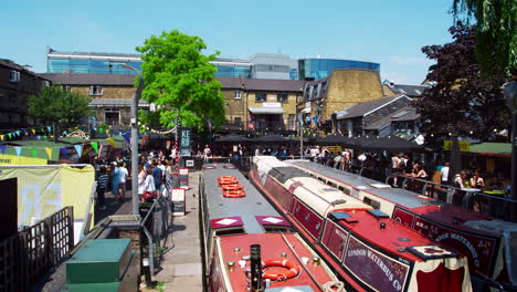 LONDON---MAY,-2017:-Handheld-shot-of-barges-in-the-canal-and-stalls-at-Camden-Lock-Market,-Camden-Town,-London,-NW1