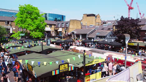 LONDON---MAY,-2017:-Elevated-view-of-stalls-at-Camden-Lock-Market,-Camden-Town,-London,-NW1