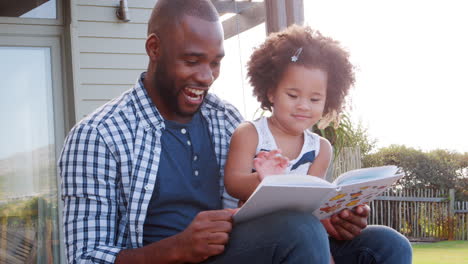 Black-father-and-young-daughter-reading-a-book-outdoors