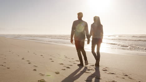 Rear-View-Of-Loving-Couple-Walking-Along-Winter-Beach-Together