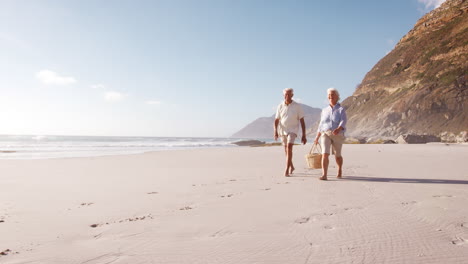 Grandparents-Carrying-Picnic-Basket-On-Beach-As-Grandchildren-Run-Ahead