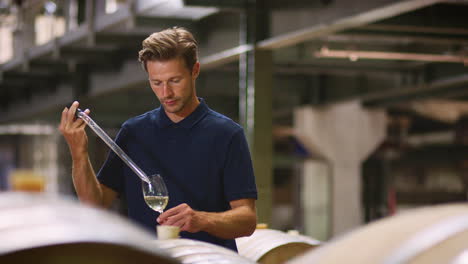 Young-man-testing-wine-in-a-wine-factory-warehouse