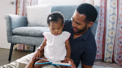 Father-Sitting-On-Floor-And-Reading-Book-With-Baby-Daughter-At-Home