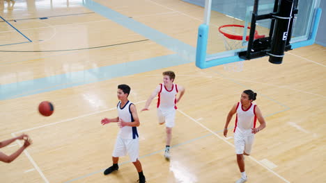Männliche-High-School-Basketballmannschaft-Erzielt-Korb-Auf-Dem-Platz-Und-Feiert