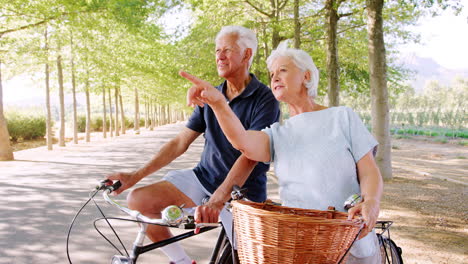 Älteres-Weißes-Paar-Sitzt-Auf-Fahrrädern-Und-Bewundert-Die-Aussicht