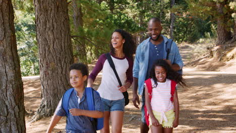 Family-On-Hiking-Adventure-Walking-Along-Path-Through-Woods