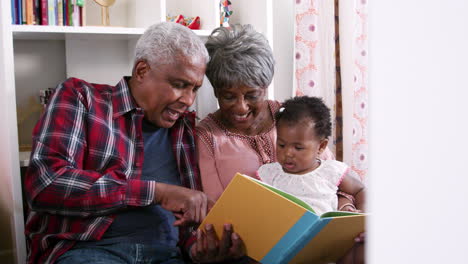 Großeltern-Sitzen-Auf-Dem-Sofa-Und-Lesen-Ein-Buch-Mit-Ihrer-Kleinen-Enkelin-Zu-Hause
