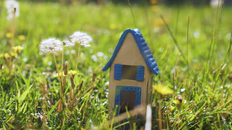 Szene-Mit-Einem-Spielzeughaus-Im-Gras,-Das-Ein-Öko-Haus-Darstellt