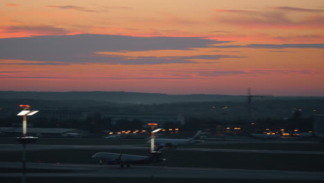 Airplane-taking-off-and-flying-against-evening-sky-Sheremetyevo-Airport-Moscow